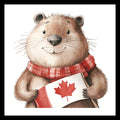 An image of a smiling brown beaver with a red scarf, holding a Canadian flag, on a white background.