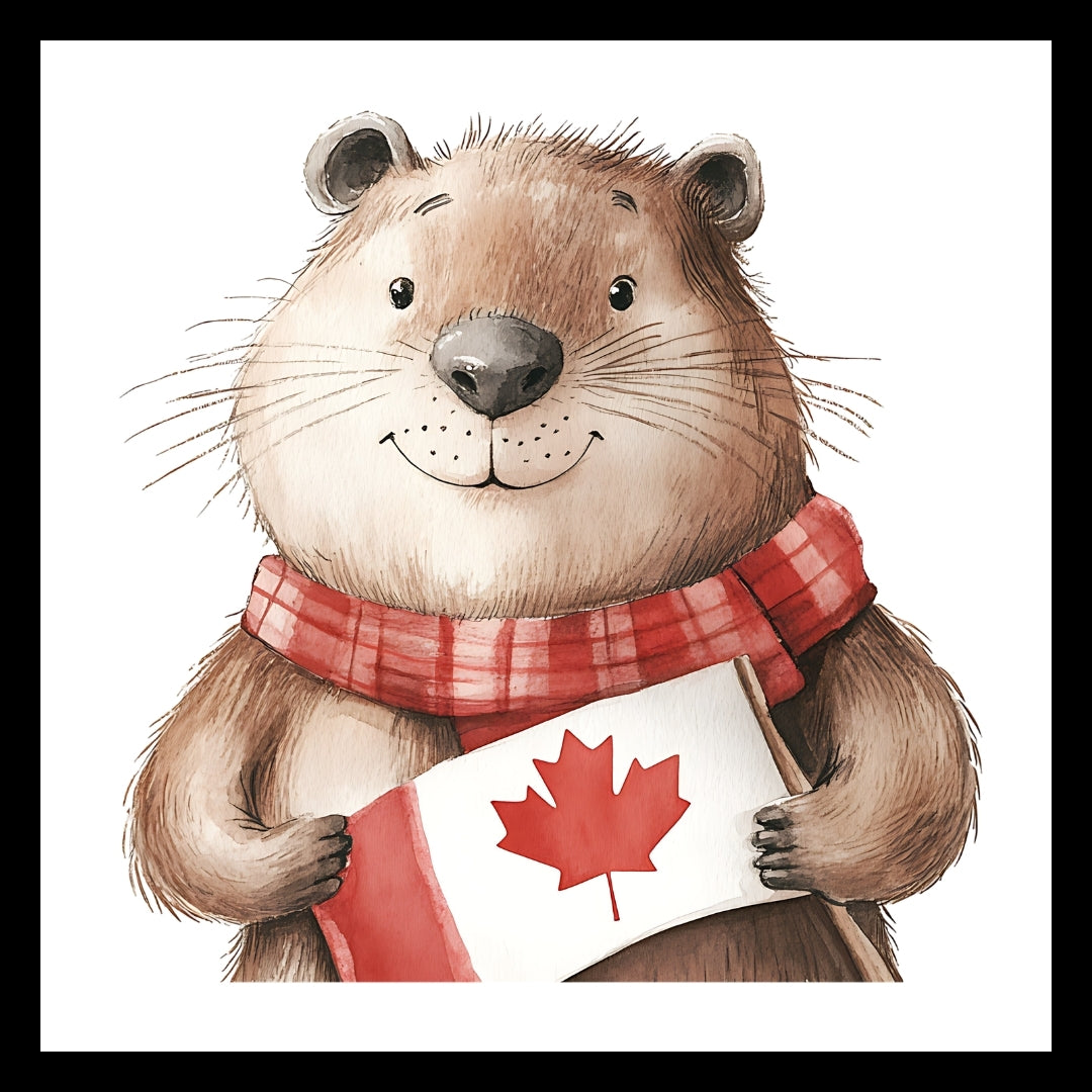 An image of a smiling brown beaver with a red scarf, holding a Canadian flag, on a white background.