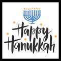 'Happy Hanukkah' black text with yellow stars, a blue menorah with yellow candlelight, on a white background.