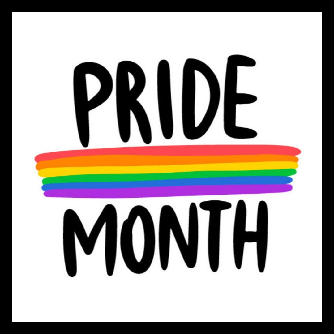  'PRIDE MONTH' black text with a rainbow stripe on a white background.
