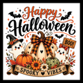 'Happy Halloween - Spooky Vibes' black and orange text, with Halloween and fall decorative images of multi-colored pumpkins and two white smiling ghosts, on a white background.