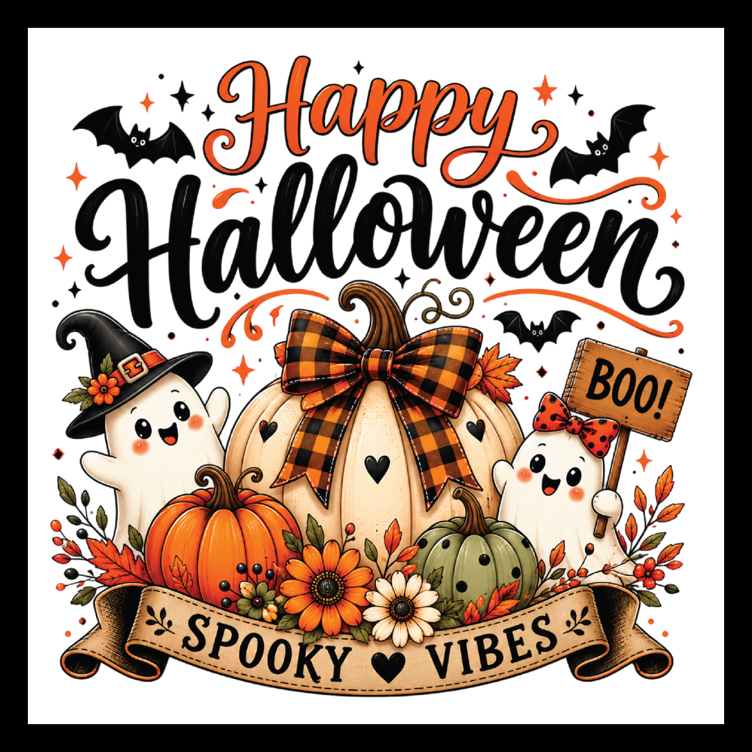 'Happy Halloween - Spooky Vibes' black and orange text, with Halloween and fall decorative images of multi-colored pumpkins and two white smiling ghosts, on a white background.