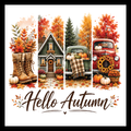 'Hello Autumn' brown text, with four fall scenery vignettes in fall colors, on a white background.
