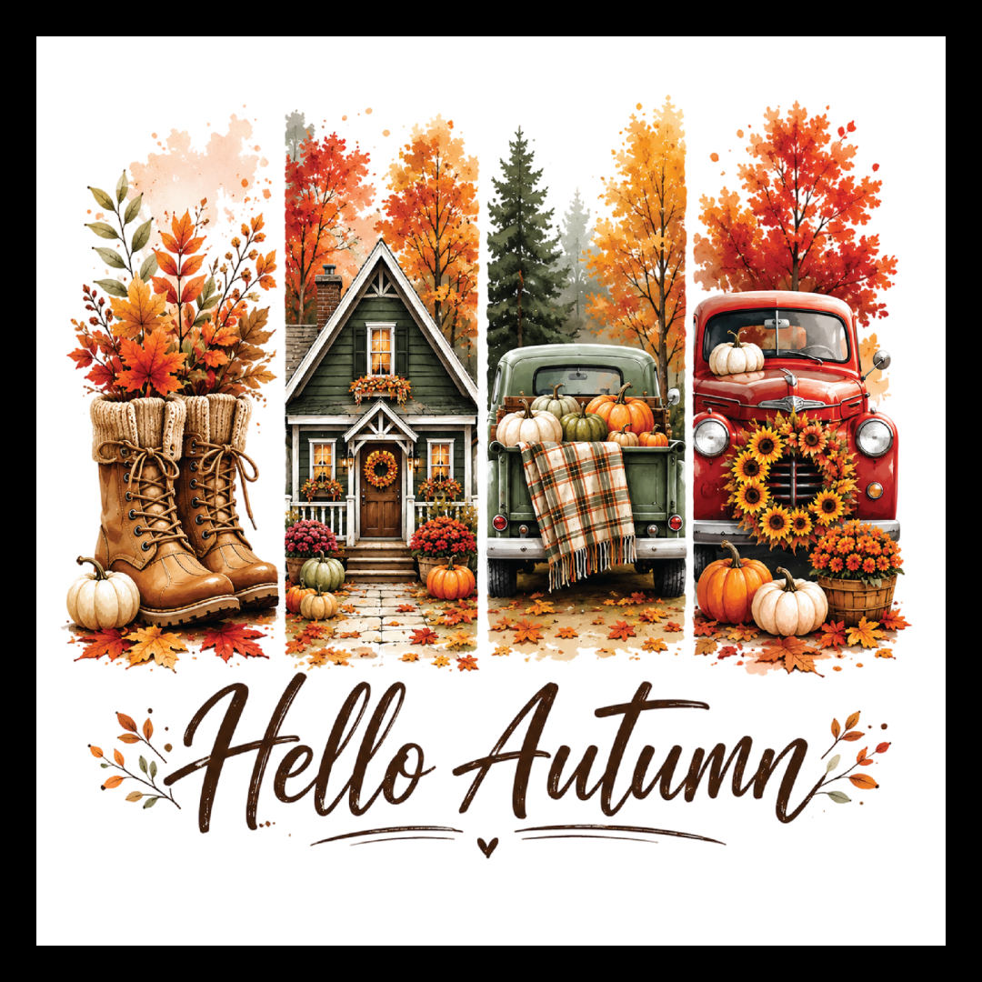 'Hello Autumn' brown text, with four fall scenery vignettes in fall colors, on a white background.