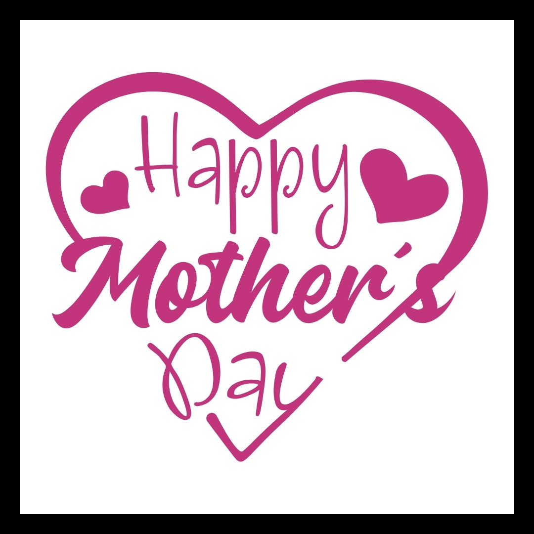 'Happy mother's day' text in hot pink inside a large pink heart with smaller pink hearts on a white background.