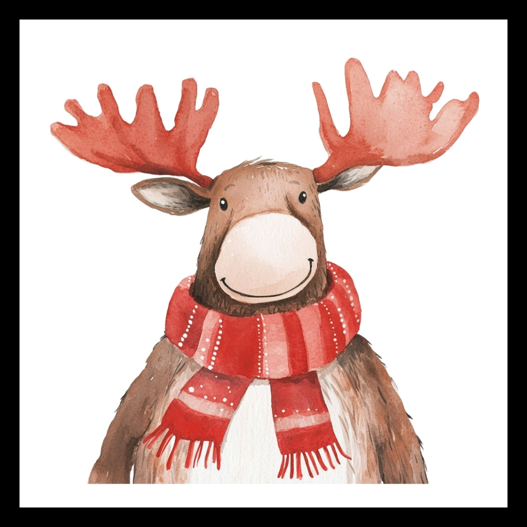 Image of a smiling brown moose with red antlers and a red scarf, on a white background.
