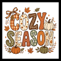 'Cozy Season' text in orange, gold, brown and red colors with fall decor within the text, with fall flowers/decor/pumpkins, on a white background.