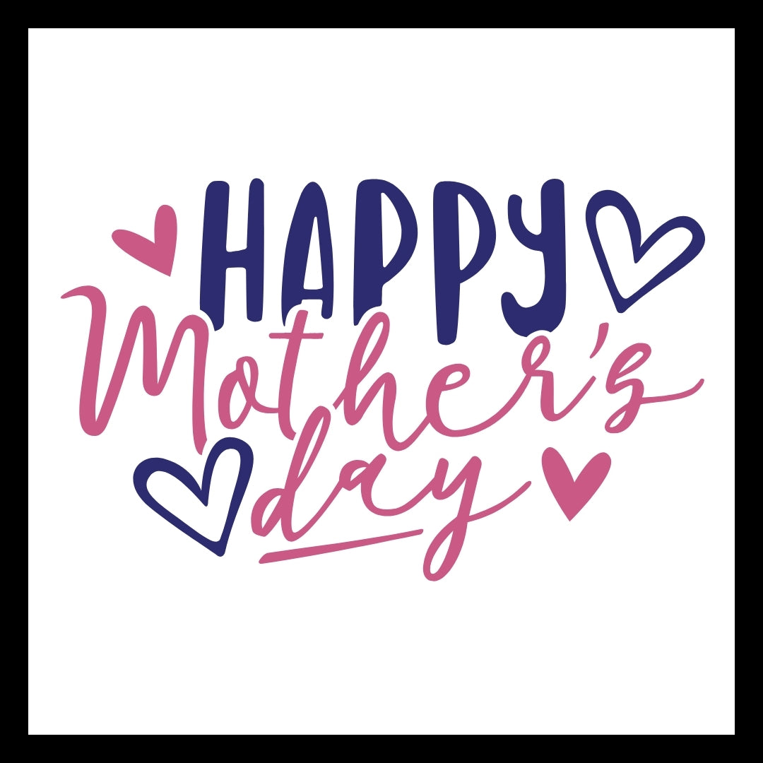 'Happy mother's day' in blue and pink text and blue and pink hearts on a white background.
