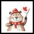 Image of a smiling brown beaver wearing a red hat and scarf, waving a white flag with a red maple leaf, on a white background.