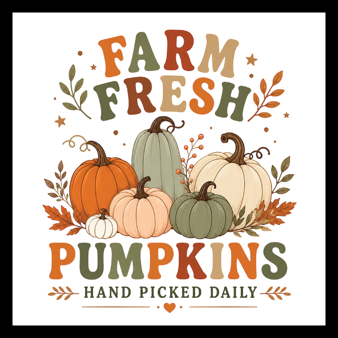 'Farm fresh pumpkins hand picked daily' text in orange, gold, green, brown and red colors, with fall decor and pumpkins, on a white background.