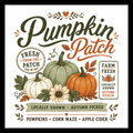 'Pumpkin Patch' text in green and orange colors, with fall flowers/decor/pumpkins on a white background.  Other wording on the magnet include 'fresh from the patch'; 'farm fresh locally grown and autumn picked' and 'pumpkins, corn maze and apple cider'.