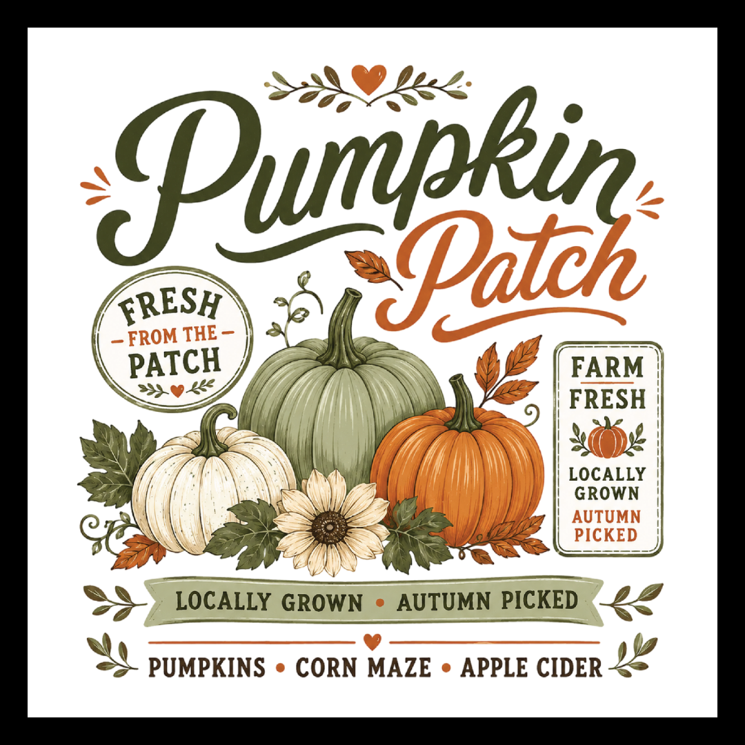 'Pumpkin Patch' text in green and orange colors, with fall flowers/decor/pumpkins on a white background.  Other wording on the magnet include 'fresh from the patch'; 'farm fresh locally grown and autumn picked' and 'pumpkins, corn maze and apple cider'.