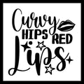 'Curvy Hips Red Lips' in black text with a few decorative black and white stars and black lips outline on a white background.