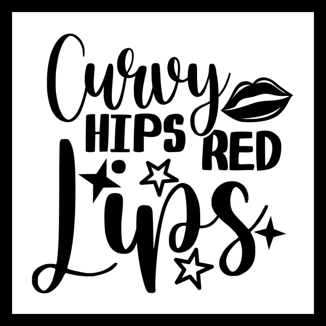 'Curvy Hips Red Lips' in black text with a few decorative black and white stars and black lips outline on a white background.