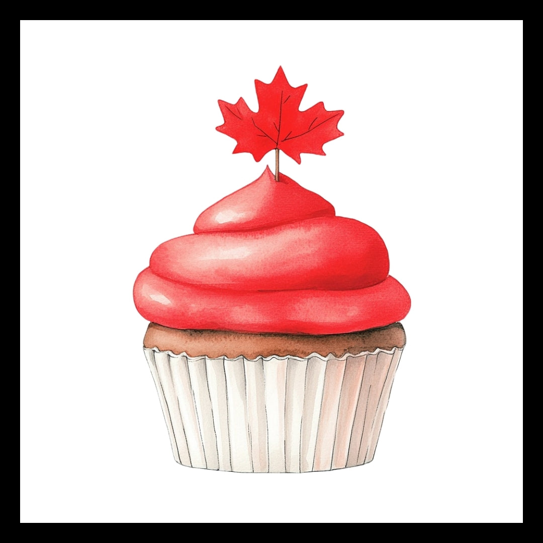 image of a cupcake in a white liner with red frosting with a red maple leaf on top, on a white background.