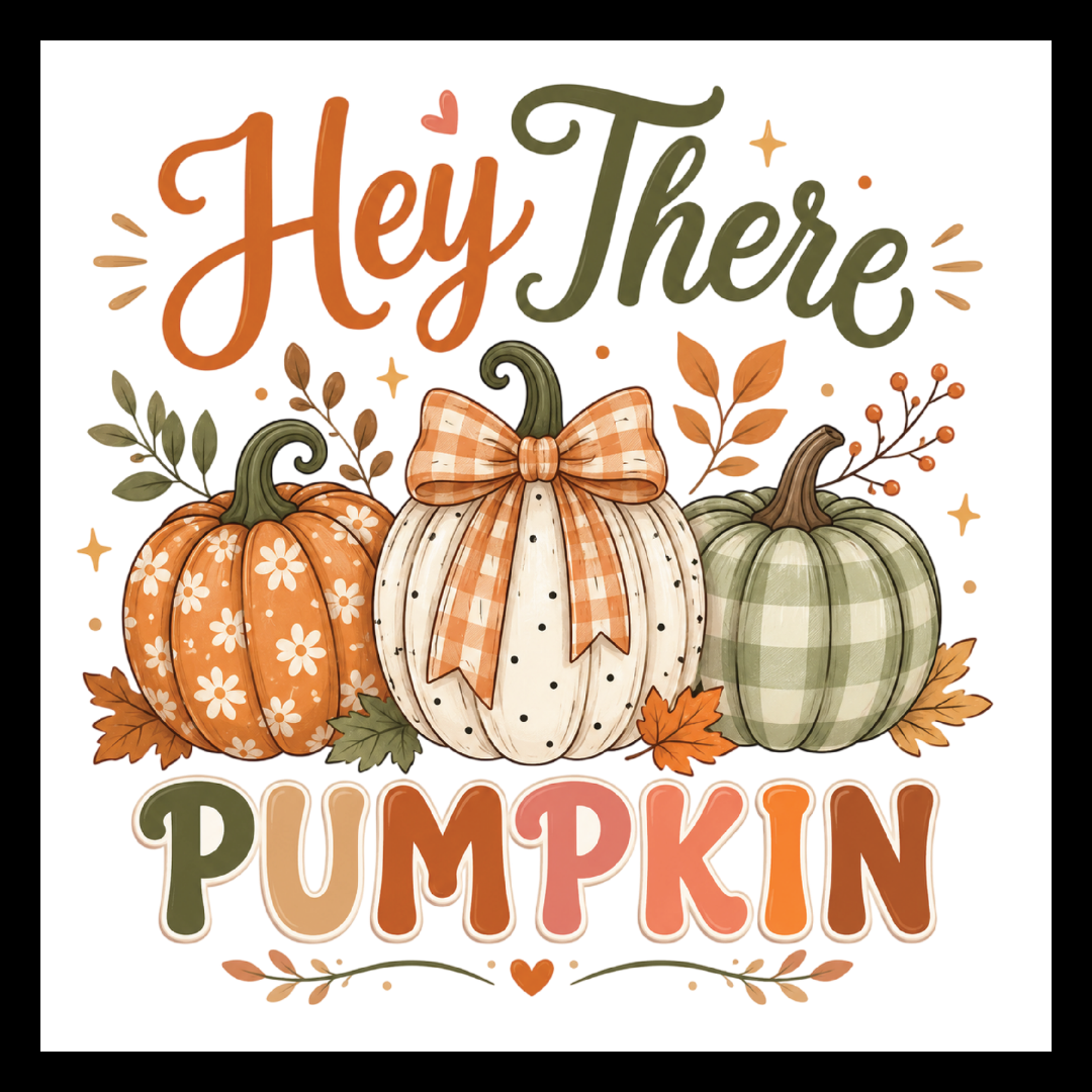 'Hey there pumpkin' text in orange, green, gold, brown and red colors, with fall flowers/decor and pumpkins, on a white background.