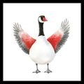 An image of a Canadian Goose white, grey, black and red in color, on a white background.