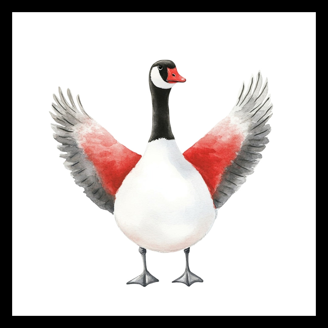 An image of a Canadian Goose white, grey, black and red in color, on a white background.