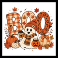 'Boo' text in fall patterns of orange, beige, brown and red colors.  A friendly beige colored ghost holding a pumpkin lantern and coffee cup wearing an orange toque hat and plaid scarf with fall flowers/decor and pumpkins, on a white background.