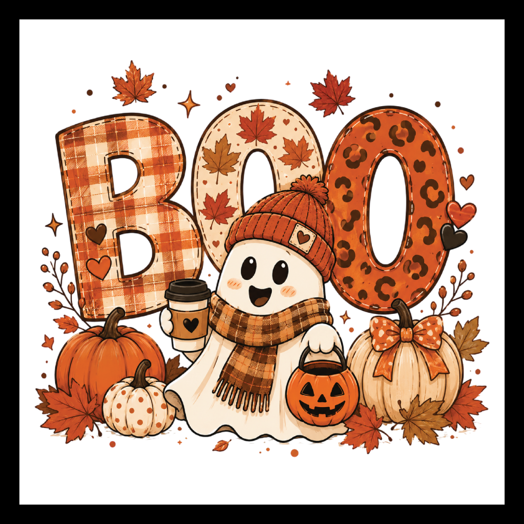 'Boo' text in fall patterns of orange, beige, brown and red colors.  A friendly beige colored ghost holding a pumpkin lantern and coffee cup wearing an orange toque hat and plaid scarf with fall flowers/decor and pumpkins, on a white background.