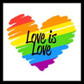 Rainbow colored heart with 'Love is Love' black text on a white background