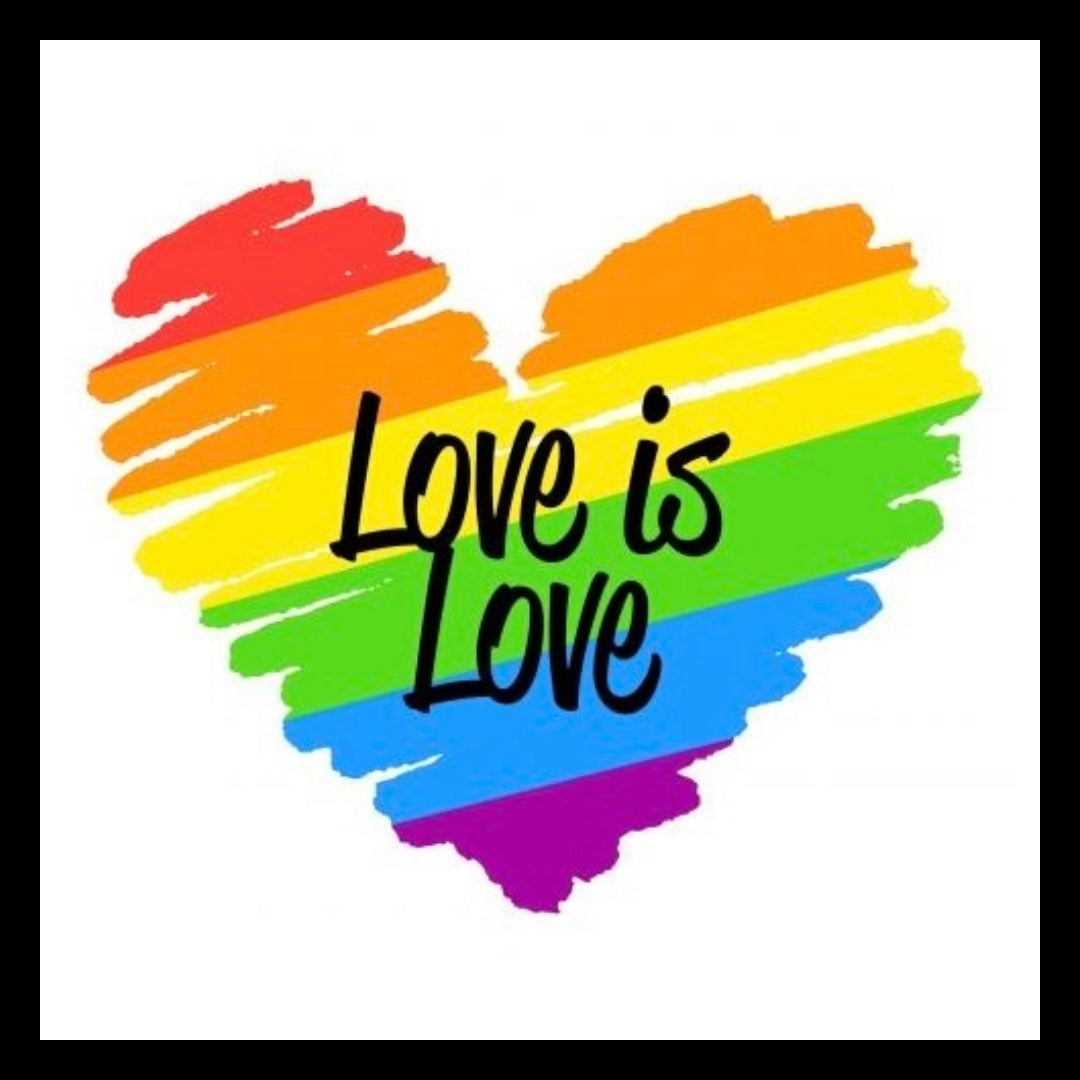 Rainbow colored heart with 'Love is Love' black text on a white background