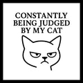 'Constantly being judged y my cat' in black text with a image of a cat black outline) on a white background.