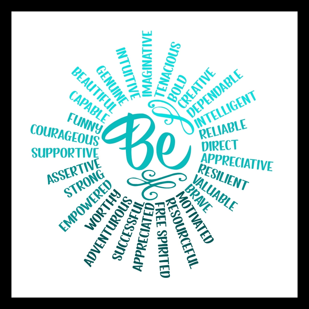 A circular image made up of positive words in various shades of blue and jade with text 'BE tenacious, intelligent, valuable, etc...'  on a white background.