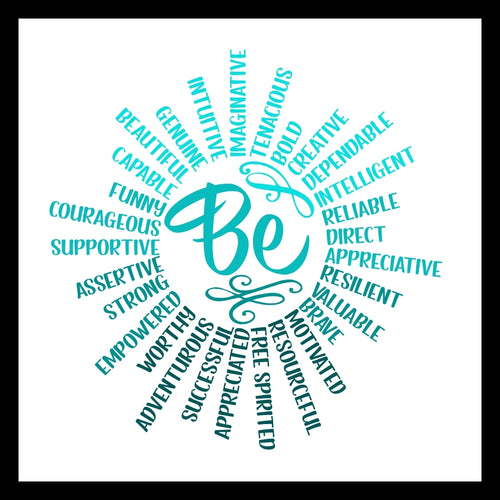 A circular image made up of positive words in various shades of blue and jade with text 'BE tenacious, intelligent, valuable, etc...'  on a white background.