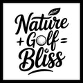 'Nature + Golf = Bliss' in black text with a golf ball and leaf graphics on a white background.