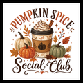 'Pumpkin Spice Social Club' in brown and orange text, with a large pumpkin spice latte coffee cup, fall flowers/decor and pumpkins, on a white background.