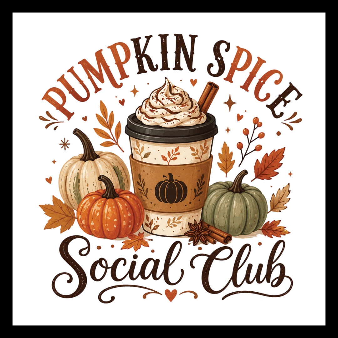'Pumpkin Spice Social Club' in brown and orange text, with a large pumpkin spice latte coffee cup, fall flowers/decor and pumpkins, on a white background.
