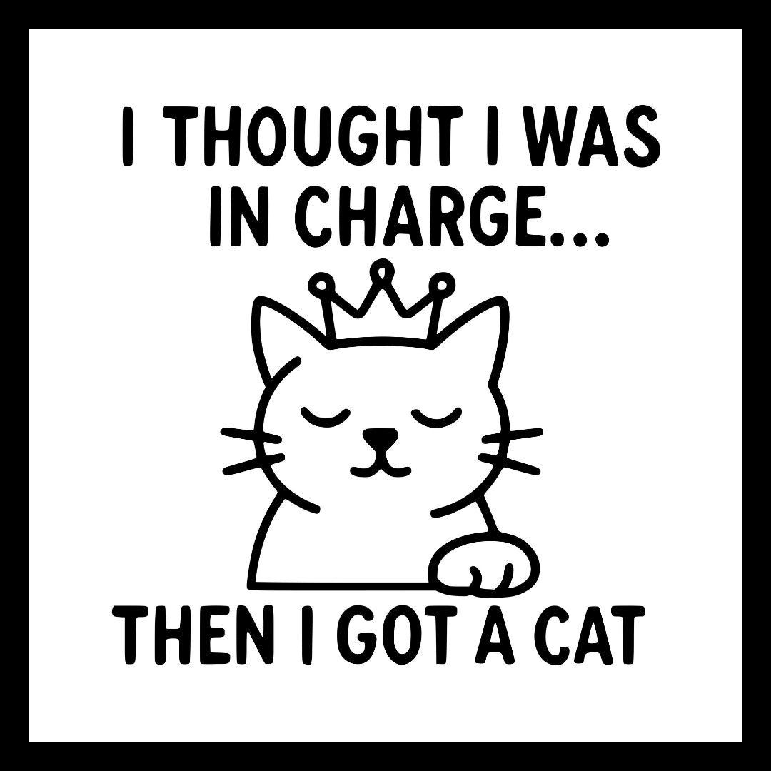 'I thought i was in charge... then I got a cat' in black text with an image of a cat wearing a crown, on a white background.