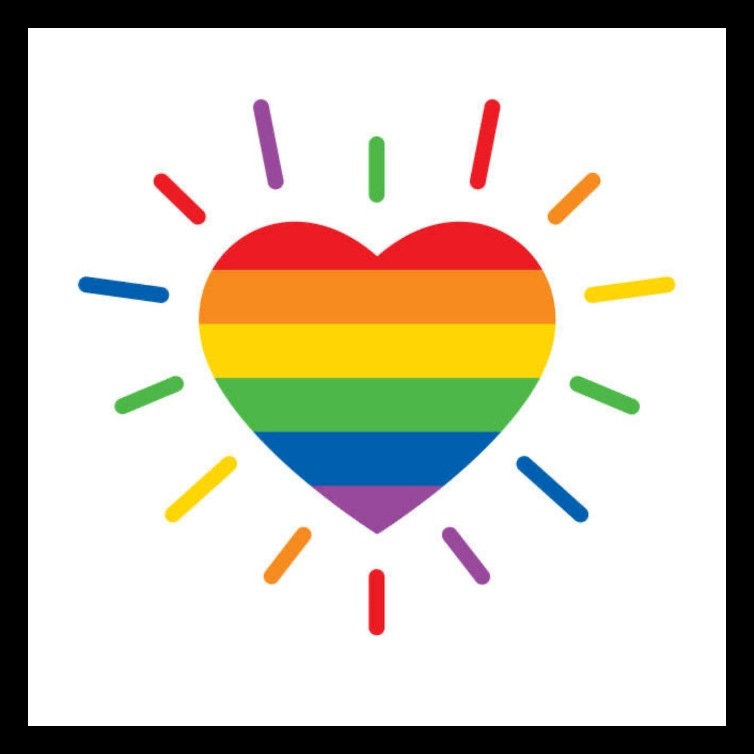 Rainbow colored heart symbol with radiating lines on a white background.