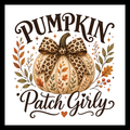 'Pumpkin Patch Girly' in dark brown text, with a large cream colored pumpkin with a flower print bow and fall decor accents, on a white background.