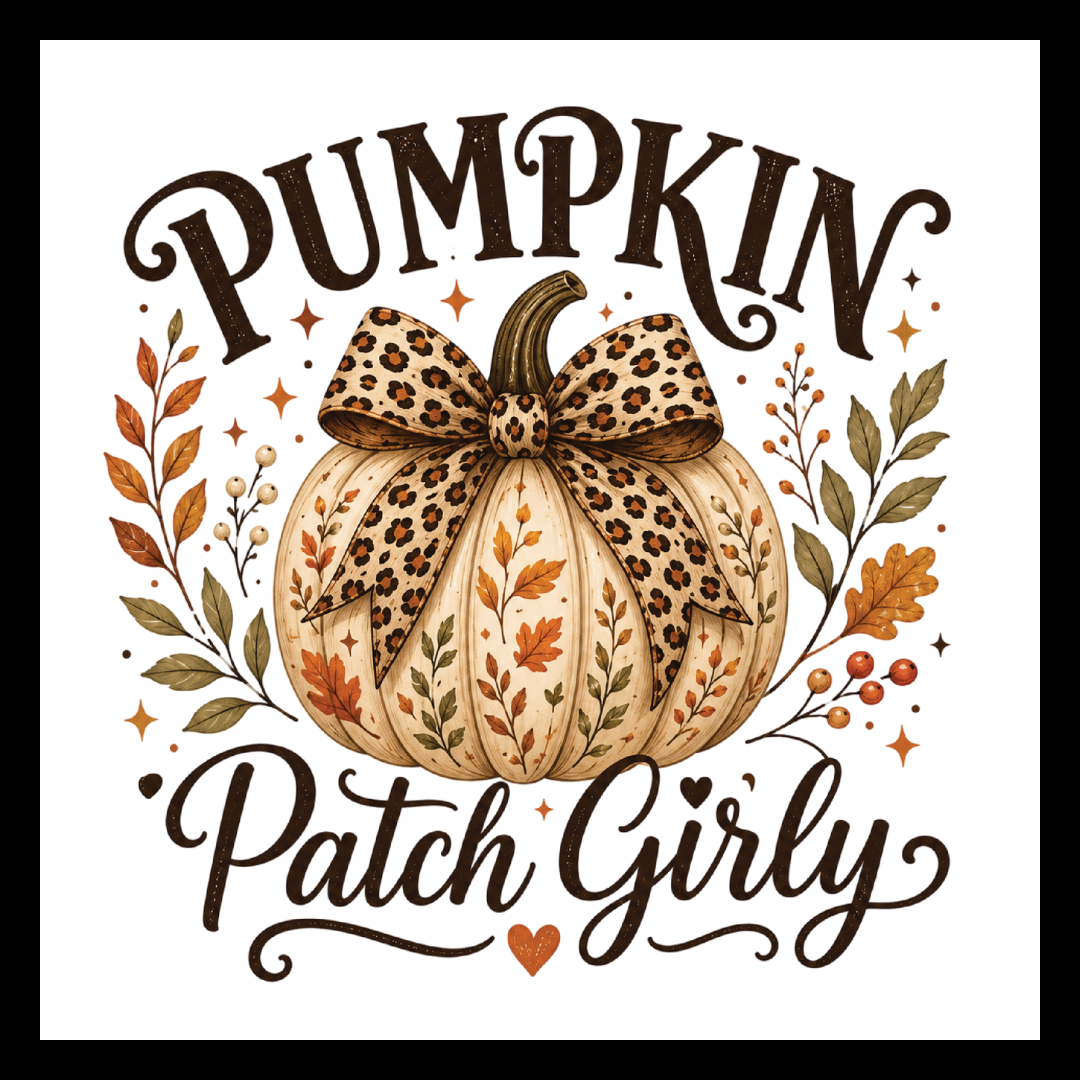 'Pumpkin Patch Girly' in dark brown text, with a large cream colored pumpkin with a flower print bow and fall decor accents, on a white background.