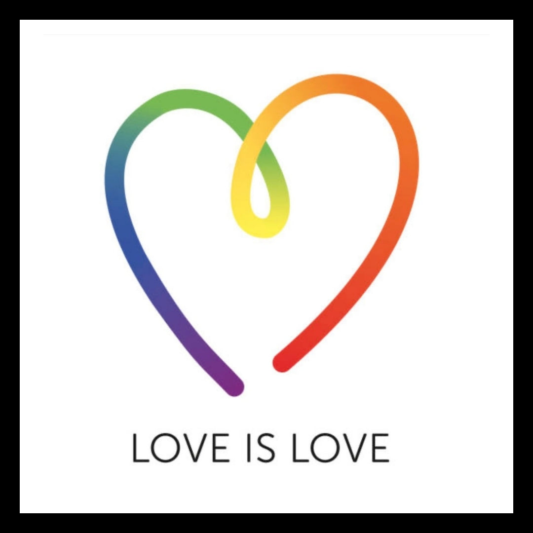 A rainbow colored hand-drawn heart with 'love is love' black text on a white background.