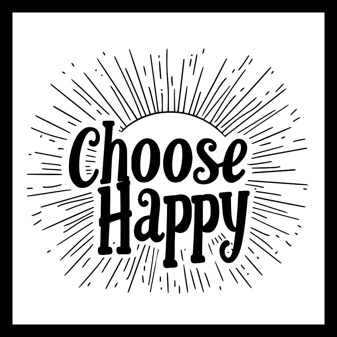 'Choose Happy' in black text with black lines radiating out like a sun around the text, on a white background.