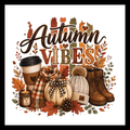 'Autumn Vibes' in brown, red, green and orange text, with a small cream colored pumpkin and fall flowers/decor along with a pair of brown boots cream colored toque hat, fall candle, plaid scarf and coffee cup, on a white background.