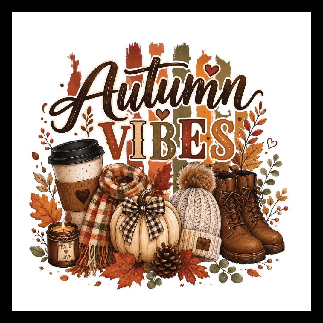 'Autumn Vibes' in brown, red, green and orange text, with a small cream colored pumpkin and fall flowers/decor along with a pair of brown boots cream colored toque hat, fall candle, plaid scarf and coffee cup, on a white background.