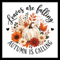 'Leaves are falling, autumn is calling' in black text, with a large cream-colored pumpkin surrounded by fall flowers/decor with a few small black hearts, on a white background.