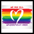 rainbow colored flag with a white hand drawn heart with 'we are all wonderfully made' in red and purple colored text on a white background.