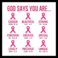 Motivational poster with pink ribbons and bible verses in pink and black text, on a white background
