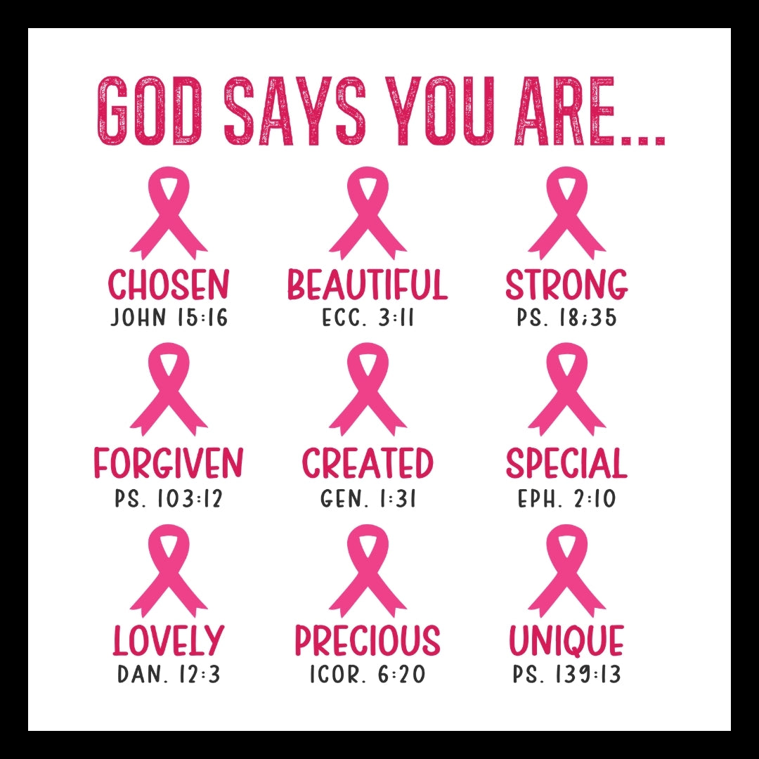 Motivational poster with pink ribbons and bible verses in pink and black text, on a white background