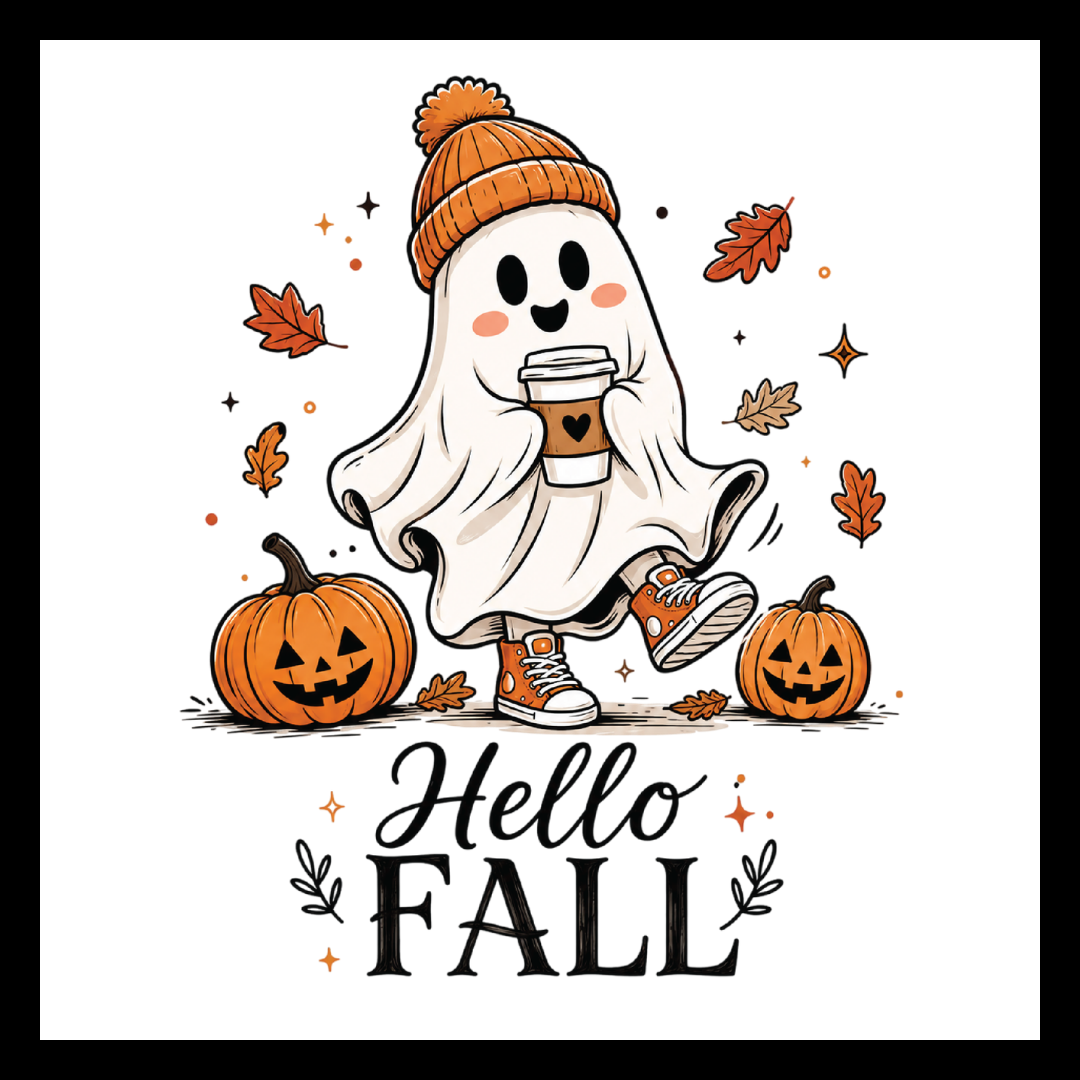 'Hello Fall' in black text, with a smiling walking white ghost holding a coffee cup and wearing an orange toque hat, with fall leaves and two orange pumpkins on a white background.