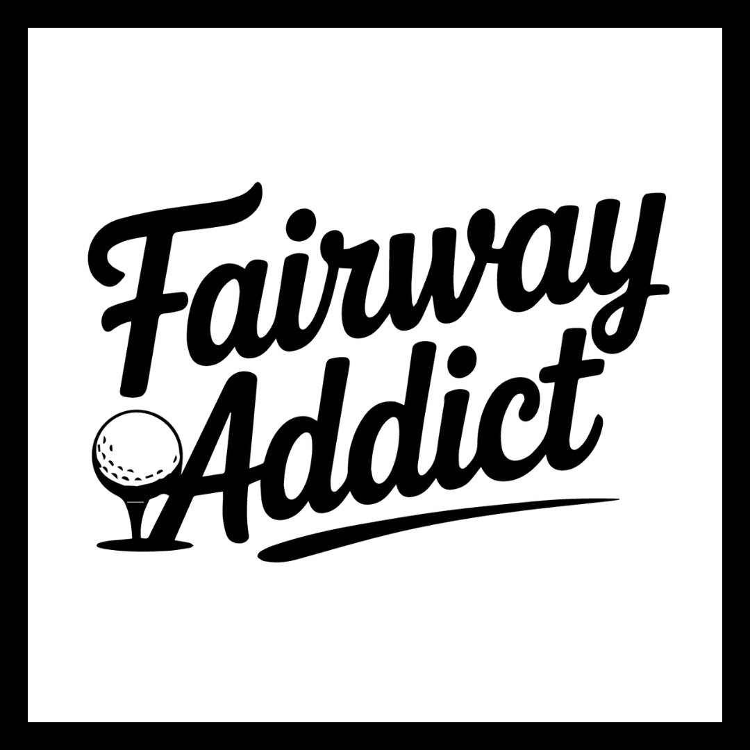 'Fairway Addict' in black text and golf ball on a white background.