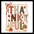 'Thankful' in patterned text in orange, beige, dark green, brown colors, with several multi-colored pumpkins and  fall flowers/decor, on a white background.