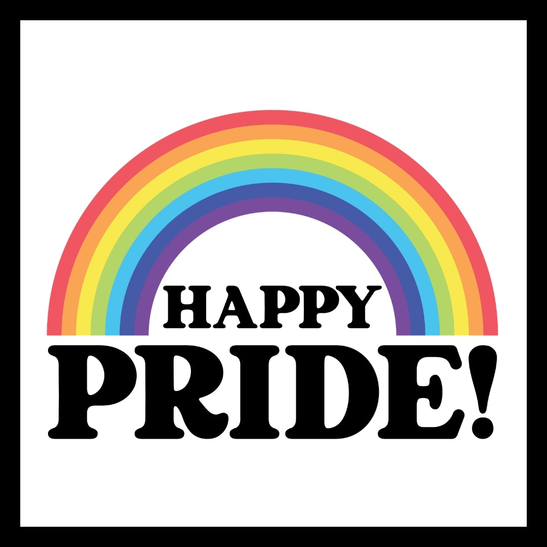 Rainbow logo with 'Happy Pride!' black text on a white background.