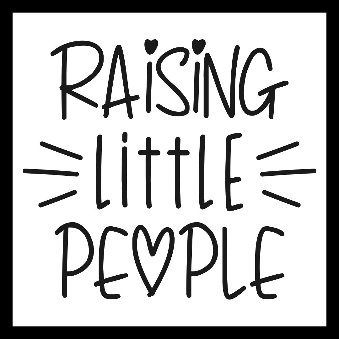 'Raising little people' in black text on a white background.