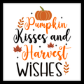 'Pumpkin kisses and harvest wishes' in black and orange text, with an orange pumpkin and fall flowers/decor and pumpkins, on a white background.